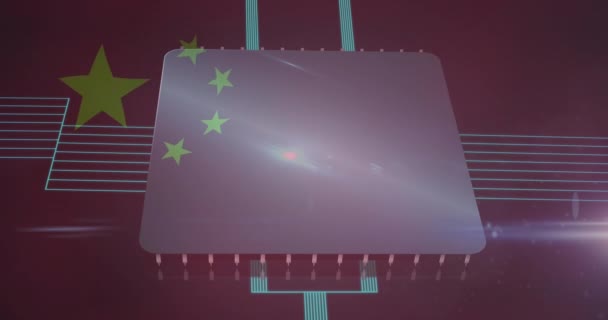 Animación Placa Circuito Informático Con Procesamiento Datos Bandera China Concepto — Vídeo de stock