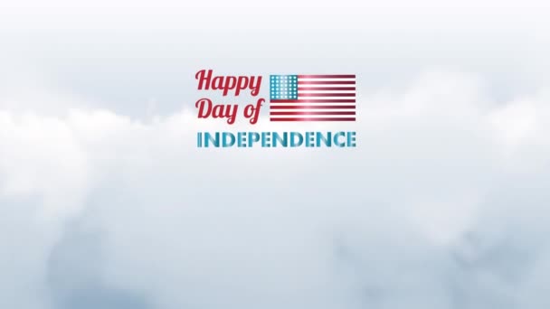 Анимация Текста Дня Независимости Июля Над Облаками Флагом Соединенных Штатов — стоковое видео