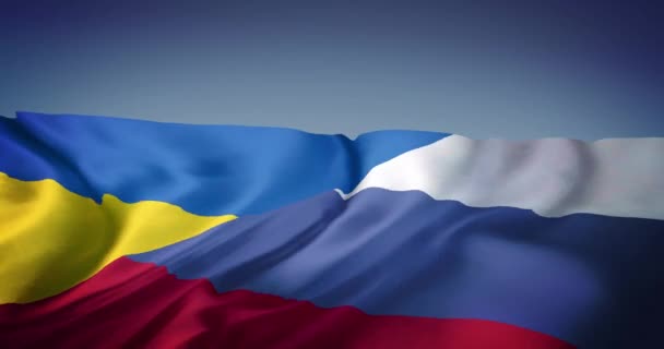 乌克兰语和俄罗斯语的混合旗帜的动画 背景为蓝色 国际关系 联盟和全球政治概念数码视频 — 图库视频影像