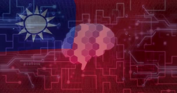 Animation Einer Computerplatine Mit Menschlichem Gehirn Datenverarbeitung Und Flagge Taiwans — Stockvideo
