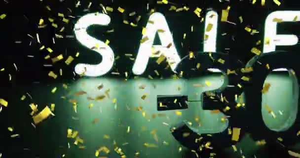 Animation Gold Confetti Sale Percent Text White Black Background Sale — Stock Video