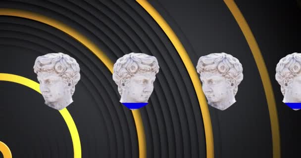 Animation Distorting Male Classical Sculpture Busts Moving Gold Rings Black — Stock Video