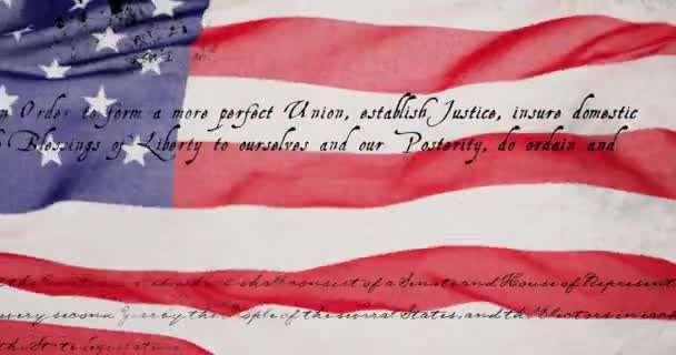 Κινούμενα Σχέδια Του Αμερικανικού Συντάγματος Πάνω Από Κυματίζει Αμερικανική Σημαία — Αρχείο Βίντεο