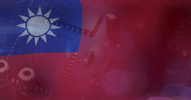 Animatie Van Computerprintplaat Met Gegevensverwerking Vlag Van Taiwan Mondiaal Bedrijfs — Stockvideo