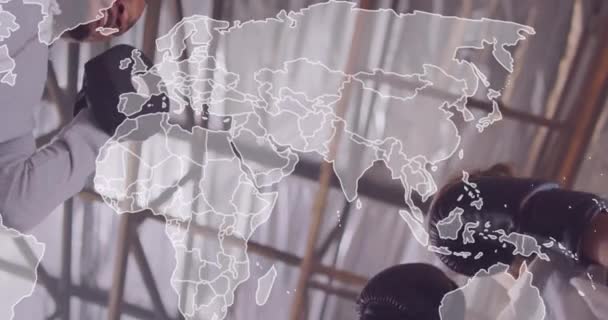 Animación Del Mapa Del Mundo Sobre Diversos Hombres Mujeres Haciendo — Vídeos de Stock