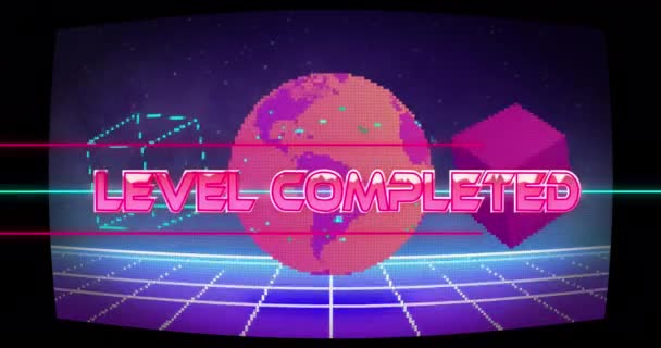Animace Úrovně Dokončena Přes Obrazce Mřížku Obrazovce Globální Koncepce Videohry — Stock video