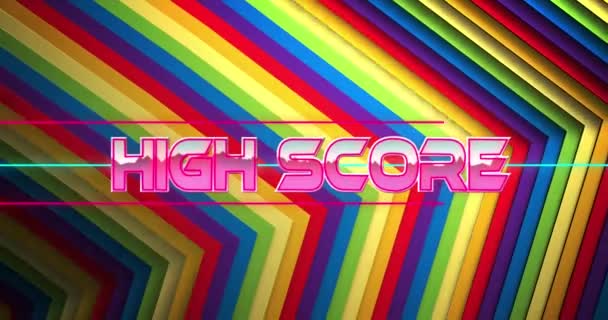 同心円状の虹色の上にピンク色のクロム文字で高得点のテキストのアニメーション デジタルインターフェイス ゲーム ソーシャルメディア テクノロジー レトロな未来のコンセプトデジタルで生成されたビデオ — ストック動画