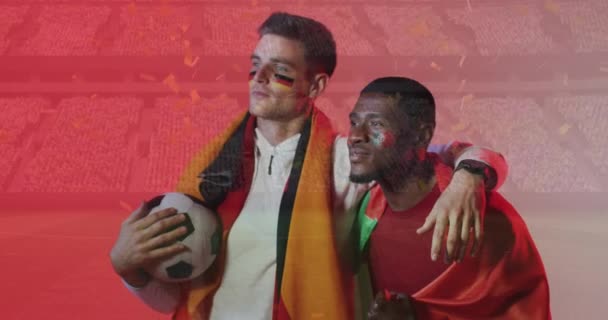 Animație Confetti Peste Diverși Fotbaliști Vizionarea Joc Steaguri Germany Portugal — Videoclip de stoc