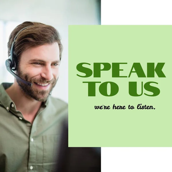 Composizione Parlare Con Noi Siamo Qui Ascoltare Testo Sorridente Uomo — Foto Stock