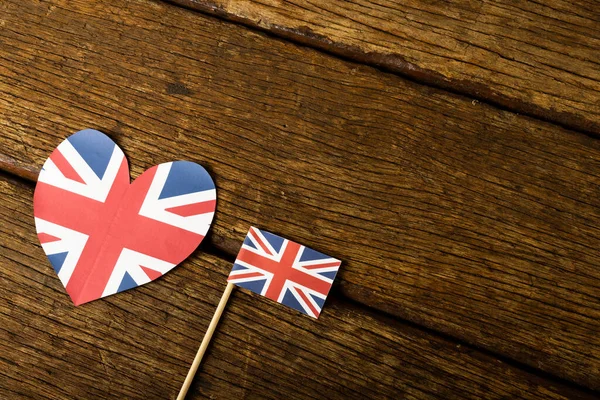 High Angle View Heart Shape British Flag Wooden Table Copy — Stock Photo, Image