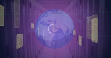 Dünya ve bilgisayar sunucuları üzerindeki ai veri işleme ve simgelerinin animasyonu. Dijital olarak oluşturulmuş küresel yapay zeka, hesaplama, transfer ve veri işleme kavramı.