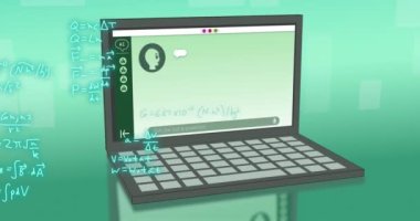 Yeşil arkaplanda dizüstü bilgisayar ekranında ai verilerinin, matematiksel denklemlerin ve simgelerin animasyonu. Dijital olarak oluşturulmuş küresel yapay zeka, hesaplama, transfer ve veri işleme kavramı.