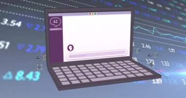Diz üstü bilgisayar ekranında ai veri işleme, sohbet, istatistik ve simgelerin animasyonu. Dijital olarak oluşturulmuş küresel yapay zeka, hesaplama, transfer ve veri işleme kavramı.