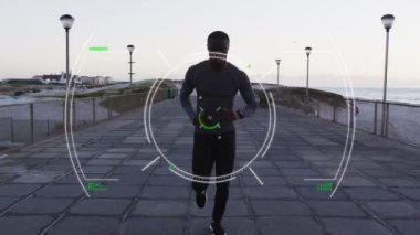 Afrikalı bir Amerikalının dijital arayüzünün animasyonu. Küresel bağlantılar, refah, zindelik ve dijital olarak üretilen sağlıklı yaşam tarzı konsepti.