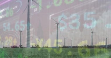 Otlaklarda dönen yel değirmenlerine karşı borsa veri işleme animasyonu. Küresel ekonomi ve yenilenebilir enerji teknolojisi kavramı