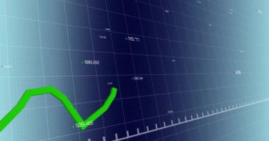 Animation of statistical data processing over grid network against blue gradient background. Business data technology concept