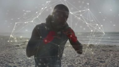 Afrika kökenli Amerikalı bir adam üzerinden bağlantı ağının animasyonu. Küresel bağlantılar, refah, zindelik ve dijital olarak üretilen sağlıklı yaşam tarzı konsepti.