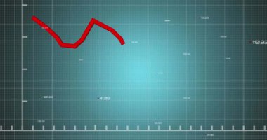 Animation of statistical data processing over grid network against blue gradient background. Business data technology concept