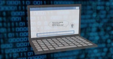 Dizüstü bilgisayar ekranında ai veri, sohbet ve simge animasyonu ve ikili kodlama. Dijital olarak oluşturulmuş küresel yapay zeka, hesaplama, transfer ve veri işleme kavramı.