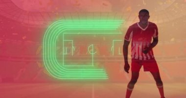 Portekiz ve spor stadyumu bayrağı taşıyan Afro-Amerikan futbolcusu üzerine konfeti animasyonu. Spor, rekabet, kazanma ve kutlama konsepti dijital olarak oluşturulmuş video.