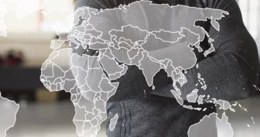 Boks salonundaki Afro-Amerikan bir adama göre dünya haritasının animasyonu. Spor, rekabet ve spor konsepti dijital olarak oluşturulmuş video.