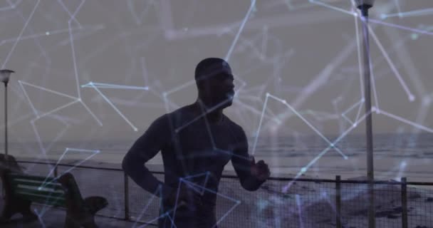 実行中のアフリカ系アメリカ人男性との接続のネットワークのアニメーション グローバル接続 フィットネス 健康的なライフスタイルコンセプトデジタルで生成されたビデオ — ストック動画