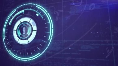 Yuvarlak tarayıcı üzerinde geri sayım ve mavi arkaplan ile veri işleme animasyonu. Bilgisayar arayüzü ve iş teknolojisi kavramı