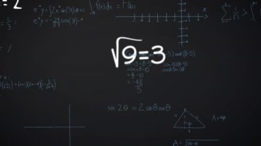 Gri arkaplanda yüzen matematiksel denklemlerin, formüllerin ve diyagramların animasyonu. Okul ve eğitim kavramı
