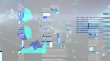 Soyut arkaplana karşı verilerle birden fazla grafiğe bağlı noktaların animasyonu. Dijital olarak oluşturulmuş, hologram, illüstrasyon, iletişim, rapor ve iş konsepti.