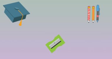 Gri gradyan arkaplanda çoklu okul konsepti simgelerinin fotokopi alanına karşı animasyonu. Okul ve eğitim kavramı