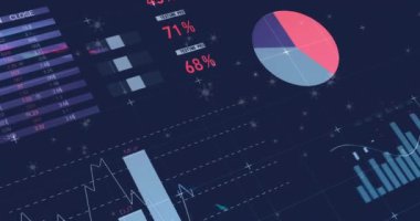 Siyah arkaplana karşı çok renkli bilgi arayüzünün animasyonu. Dijital olarak üretilen hologram, illüstrasyon, ilerleme, rapor, iş dünyası, veritabanı, büyüme ve küresel konsept.