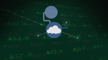 Animasyon, arka plandaki alım satım tahtasıyla bağlantılı noktalar üzerine simgeleri birleştirdi. Dijital olarak oluşturulmuş, hologram, illüstrasyon, bulut hesaplama, iletişim, koruma ve teknoloji kavramı.
