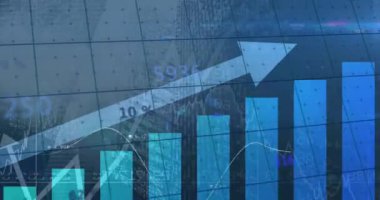 Yüksek binalarla şebeke üzerinden istatistiksel veri işleme animasyonu. Bilgisayar arayüzü ve iş veri teknolojisi kavramı