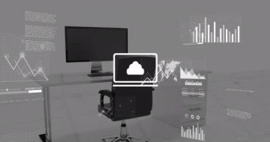 Gri arkaplanla ofis masasında veri işleme animasyonu. Bilgisayar arayüzü ve iş teknolojisi kavramı