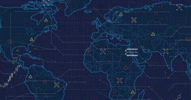 Mavi arka planda dünya haritası ve veri işleme animasyonu. Küresel ağ ve iş teknolojisi kavramı