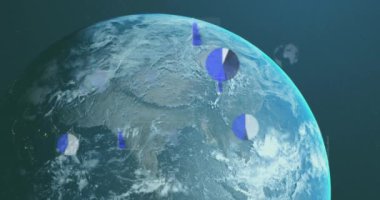 Mavi arka planda dönen dünya üzerinde veri işleme animasyonu. Küresel ağ ve iş teknolojisi kavramı