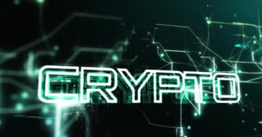 Şifreli metin afişinin animasyonu ve yeşil arka planda parlayan ışık izleri. Kriptotedavi ve iş teknolojisi kavramı