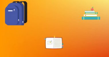 Turuncu gradyan üzerinde çoklu okul konsepti simgelerinin fotokopi alanına karşı animasyonu. Okul ve eğitim kavramı