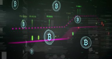 Bitcoin sembollerinin gri arka planda finansal ve istatistiksel veri işleme üzerine animasyonu. Küresel finans ve kripto para birimi teknolojisi kavramı