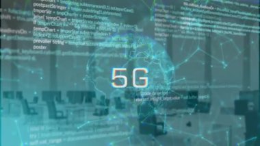 Dünya üzerinde 5G metin animasyonu, bilgisayar dili ve boş ofis üzerinde bağlantı noktaları. Dijital bileşik, çoklu pozlama, iletişim, küreselleşme, kodlama ve teknoloji kavramı.