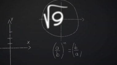 Siyah arkaplana karşı matematiksel çözümlerin ve diyagramların animasyonu. Dijital olarak üretilen hologram, illüstrasyon, çözüm, toplamlar, soyut ve eğitim kavramı.