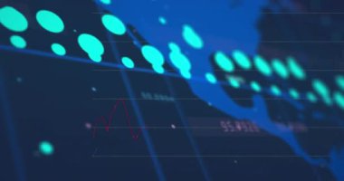 Mavi arkaplan ile dünya haritası üzerinde istatistiksel veri işleme animasyonu. Küresel ağ ve iş teknolojisi kavramı