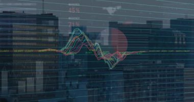 Şehir manzarasının havadan görüntüsüne karşı istatistiksel ve borsa veri işleme animasyonu. Küresel ekonomi ve iş veri teknolojisi kavramı