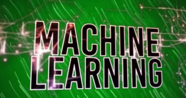 Yeşil arka planda makine metni ve ışık izlerini öğrenme animasyonu. Makine öğrenme ve yapay zeka teknolojisi kavramı