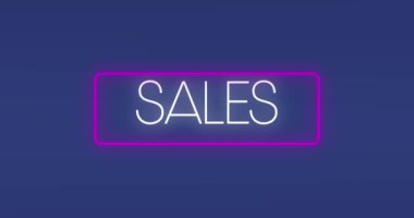 Mavi arkaplana karşı neon mor pankartın üzerindeki satış metninin animasyonu. İndirim ve perakende iş konsepti