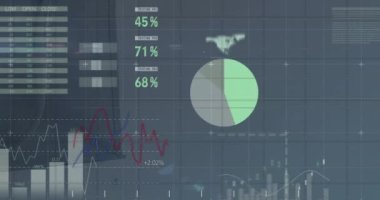 Gri arka planda istatistiksel veri işleme animasyonu. Bilgisayar arayüzü ve iş veri teknolojisi kavramı