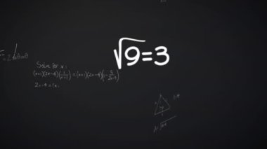 Gri arkaplanda yüzen matematiksel denklemlerin, formüllerin ve diyagramların animasyonu. Okul ve eğitim kavramı