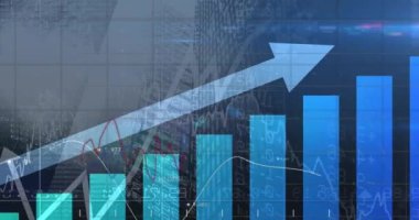 Yüksek binanın düşük açılı görüntüsüyle istatistiksel veri işleme animasyonu. Bilgisayar arayüzü ve iş veri teknolojisi kavramı