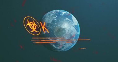 Mavi arka planda biyolojik tehlike sembolü ve acil mesaj pankartı animasyonu. Küresel acil durum ve farkındalık kavramı