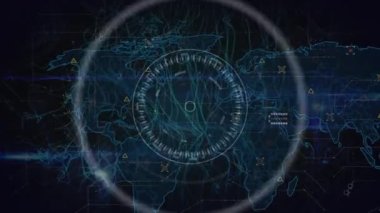 Yuvarlak tarayıcının animasyonu ve dünya haritasında siyah arkaplana karşı mavi ışık yolları. Küresel ağ ve iş teknolojisi kavramı